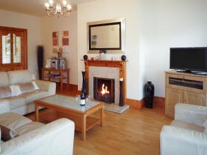 sala de estar con chimenea y TV en Cois Chnoic Holiday Home Dingle, en Dingle