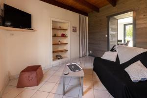 a living room with a couch and a tv at Le nid breton in Lézardrieux