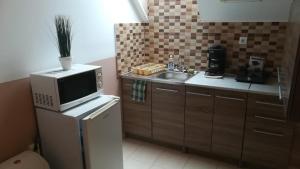 mała kuchnia z kuchenką mikrofalową i zlewem w obiekcie MA-JA 4 w mieście Bük +3 zdjęcia