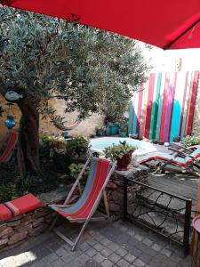 una mesa y sillas bajo una sombrilla junto a una piscina en Maison d'hôte la Tourette, en Cucugnan