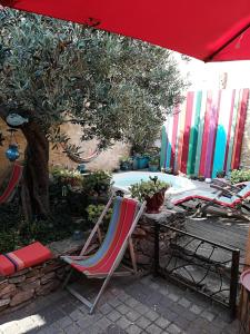 a table and chairs under an umbrella next to a pool at Maison d'hôte la Tourette in Cucugnan