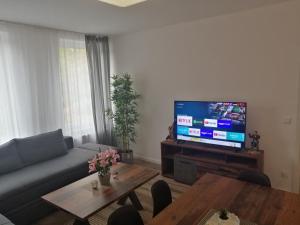 a living room with a couch and a flat screen tv at Kölsche Wohnung 1C in Cologne
