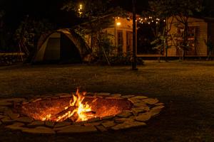 a fire pit in a yard with a tent at night at Gardenvilla Shirahama in Shimoda