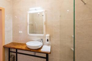 La salle de bains est pourvue d'un lavabo et d'une douche. dans l'établissement Kamienica Zamenhofa - Apartamenty na wynajem, à Białystok