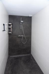 a bathroom with a shower with a hose at Vakantiehuis De Bergplaats in Hapert