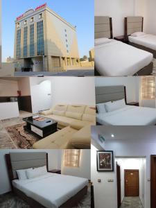 un collage di quattro foto di una camera d'albergo di Royal Suite Hotel Apartments a Al Ḩuwayl