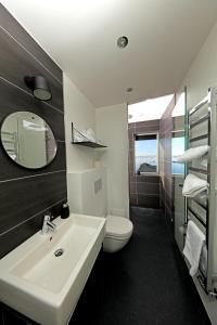 a bathroom with a sink and a toilet and a mirror at Hotel Icefiord in Ilulissat