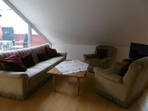 ein Wohnzimmer mit 2 Sofas und einem Tisch in der Unterkunft Appartements Donaublick in Linz