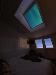 a bedroom with a large window with a green screen at Hotel Icefiord in Ilulissat