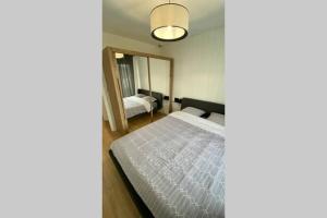1 dormitorio con cama y espejo en Magnifique Appartement Sainte Cécile Plage en Camiers