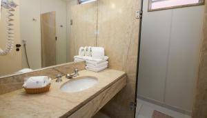 uma casa de banho com lavatório, espelho e toalhas em Rede Andrade Canada no Rio de Janeiro