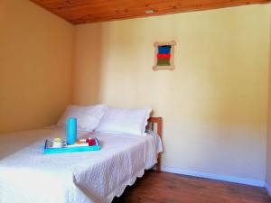 um quarto com uma cama com uma bandeja em Hostal Traveland em Pichilemu
