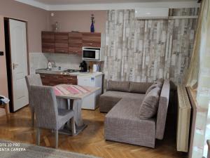 a kitchen and a living room with a couch and a table at Apartman Edit in Hark&aacute;ny