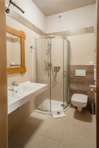 La salle de bains est pourvue d'une douche, d'un lavabo et de toilettes. dans l'établissement Hotel Ranczo Smyczyna, à Smyczyna