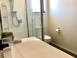 a bathroom with a shower and a toilet and a sink at Perfect Combination in Twizel