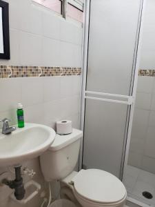 La salle de bains est pourvue de toilettes, d'un lavabo et d'une douche. dans l'établissement Apartamentos Paraíso -Rodadero Sur-, à Santa Marta
