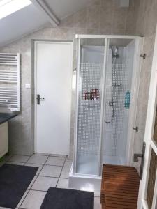 een douche met een glazen deur in de badkamer bij ker corre in Étables