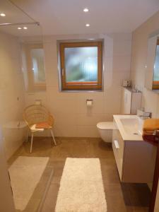 ein Bad mit einem Waschbecken, einem WC und einem Fenster in der Unterkunft Ferienwohnung Jörg in Bad Hindelang