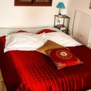 Cama roja y blanca con manta roja y almohadas blancas en Branca Gonçalves Belmonte, en Belmonte