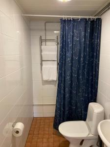 a bathroom with a blue shower curtain and a toilet at Hotel Aakenus Apartments in Rovaniemi