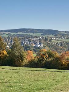 una vista de una ciudad desde un campo con árboles en Ferienhaus Andrea Höcherl, en Wolkenstein