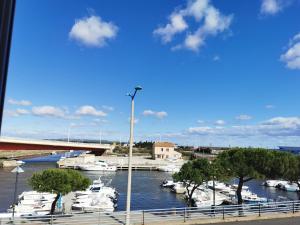 a marina with boats in the water and a bridge at l'Hotel du port in Port-la-Nouvelle