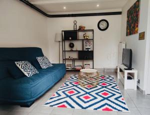 een woonkamer met een blauwe bank en een tapijt bij STUDIO COSY LE Ti PARIS WIFI & NETFLIX in Deuil-la-Barre