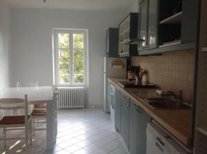 a kitchen with blue cabinets and a sink and a table at Appartement en centre ville in Nevers