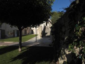 een boom aan de zijkant van een gebouw met een stoep bij Al Cappuccino Vecchio in Matera