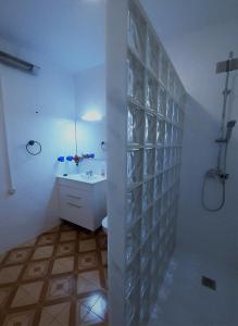 a white bathroom with a sink and a shower at Casa Loro Loco B&B in Pedralba