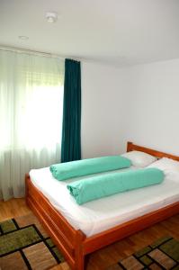 a bedroom with a bed with blue pillows on it at Vila IZVORUL MINUNILOR in Stana de Vale