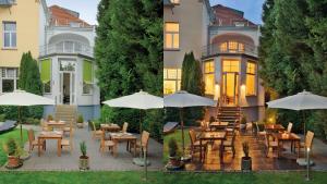 two images of a restaurant with tables and umbrellas in front of a building at Boutiquehotel Dreesen - Villa Godesberg in Bonn