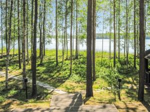 einen Pfad durch einen Wald neben einem Wasserkörper in der Unterkunft Holiday Home Tavintupa by Interhome in Pertunmaa