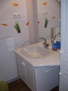 uma casa de banho com um lavatório branco e um espelho. em Achterkoje em Heiligenhafen