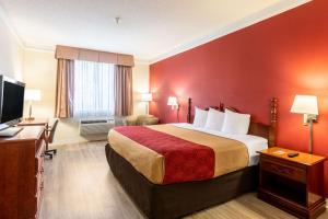 a hotel room with a bed and a flat screen tv at Econo Lodge Inn & Suites in Douglasville