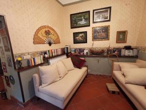 ein Wohnzimmer mit 2 Sofas und einem Regal mit Büchern in der Unterkunft La suite del Cardinale in Montefiascone
