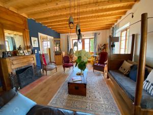 a living room with a couch and a fireplace at Les Ô d'Annecy in Saint-Jorioz