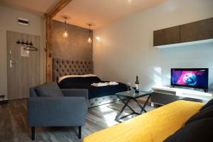 een woonkamer met een bed, een bank en een tv bij Apartament Antresola Fabryczna in Zielona Góra