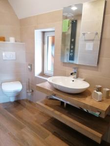 a bathroom with a white sink and a toilet at Landgasthof Plohnbachtal UG in Abhorn