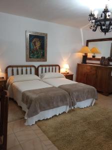 1 dormitorio con 2 camas y lámpara de araña en Casa MiraXurés con vistas a la Sierra del Xurés en Ourense