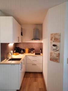 uma pequena cozinha com armários brancos e um lavatório em Ferienwohnung Schneeweißchen an der Therme em Altenau