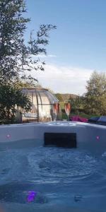 una piscina con due bicchieri da vino e un gazebo di Les nuits insolites de la mothe - hébergement en bulle ou tiny house avec spa privatif a Outremécourt