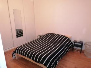 ein Schlafzimmer mit einem schwarz-weiß gestreiften Bett in der Unterkunft Appart T2 Quartier Beaujardin in Tours