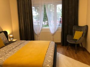 Un dormitorio con una cama, una silla y una ventana en Maria, en Timisoara