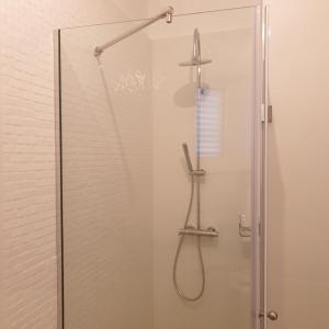 una doccia con porta in vetro in bagno di Clementa Apartment a Zara (Zadar)