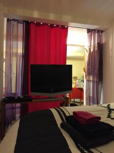 a bedroom with a bed and a flat screen tv at DEPENDANCE PRIVEE - HALTE ROUTE in Le Thor