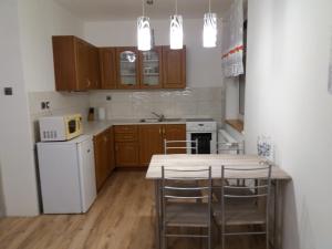 利貝雷茨的住宿－Apartmán Formanka，厨房配有木制橱柜和桌椅