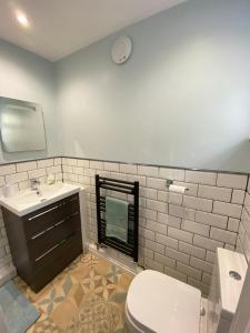 a bathroom with a toilet and a sink at Bondgate Holiday Cottage in Durham