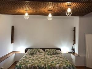 a bedroom with a bed with two pillows and lights at La Campana de Arriba in La Guancha