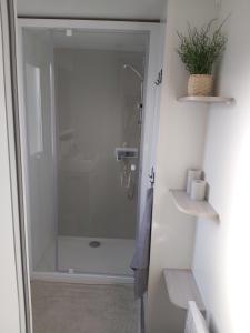 La salle de bains est pourvue d'une cabine de douche en verre. dans l'établissement Mobil home au calme au Cap-Ferret - Camping les viviers "au bord du bassin", à Lège-Cap-Ferret 14 autres photos